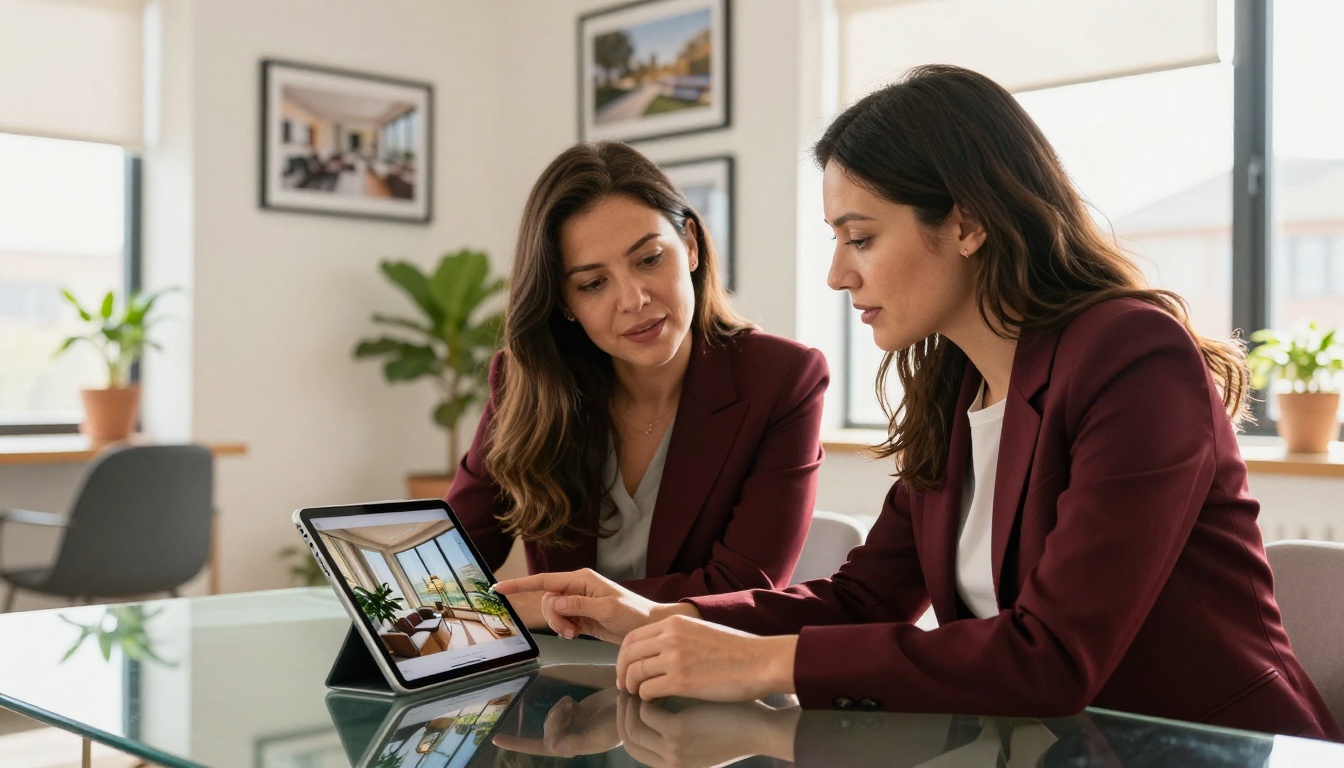 Professional real estate agent presenting a property brochure flipbook on iPad to an interested young couple