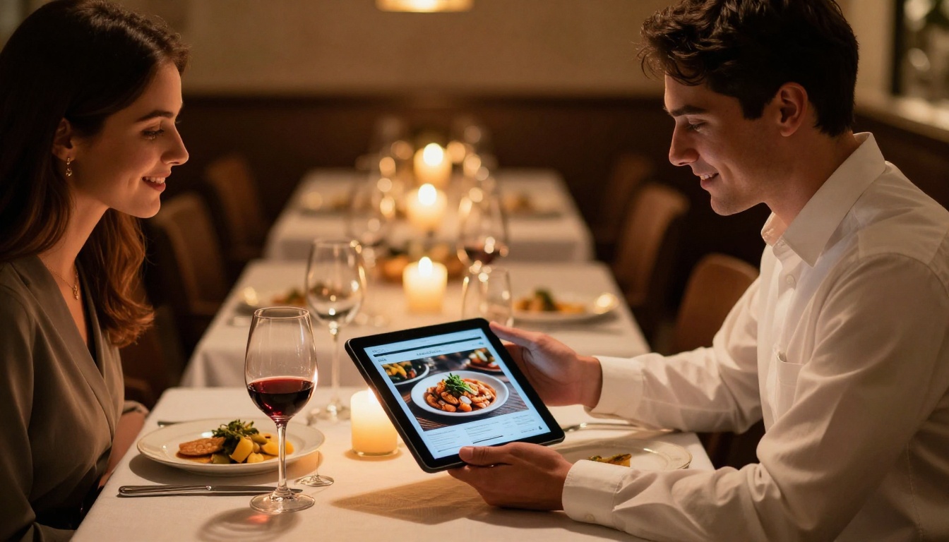 Elegant restaurant server presenting a beautifully designed digital menu on a tablet to a couple at a candlelit dinner table