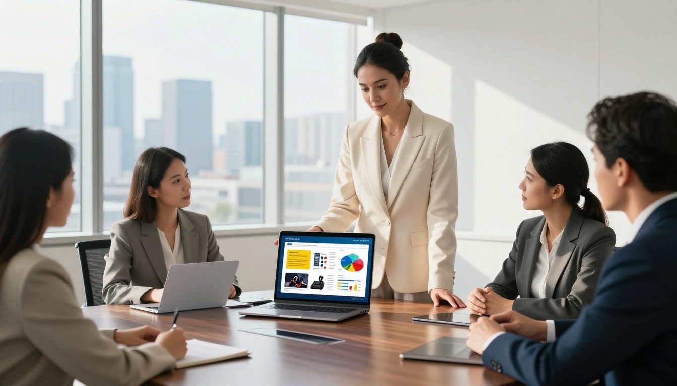 Confident businesswoman presenting a sales flipbook on a laptop to engaged boardroom colleagues
