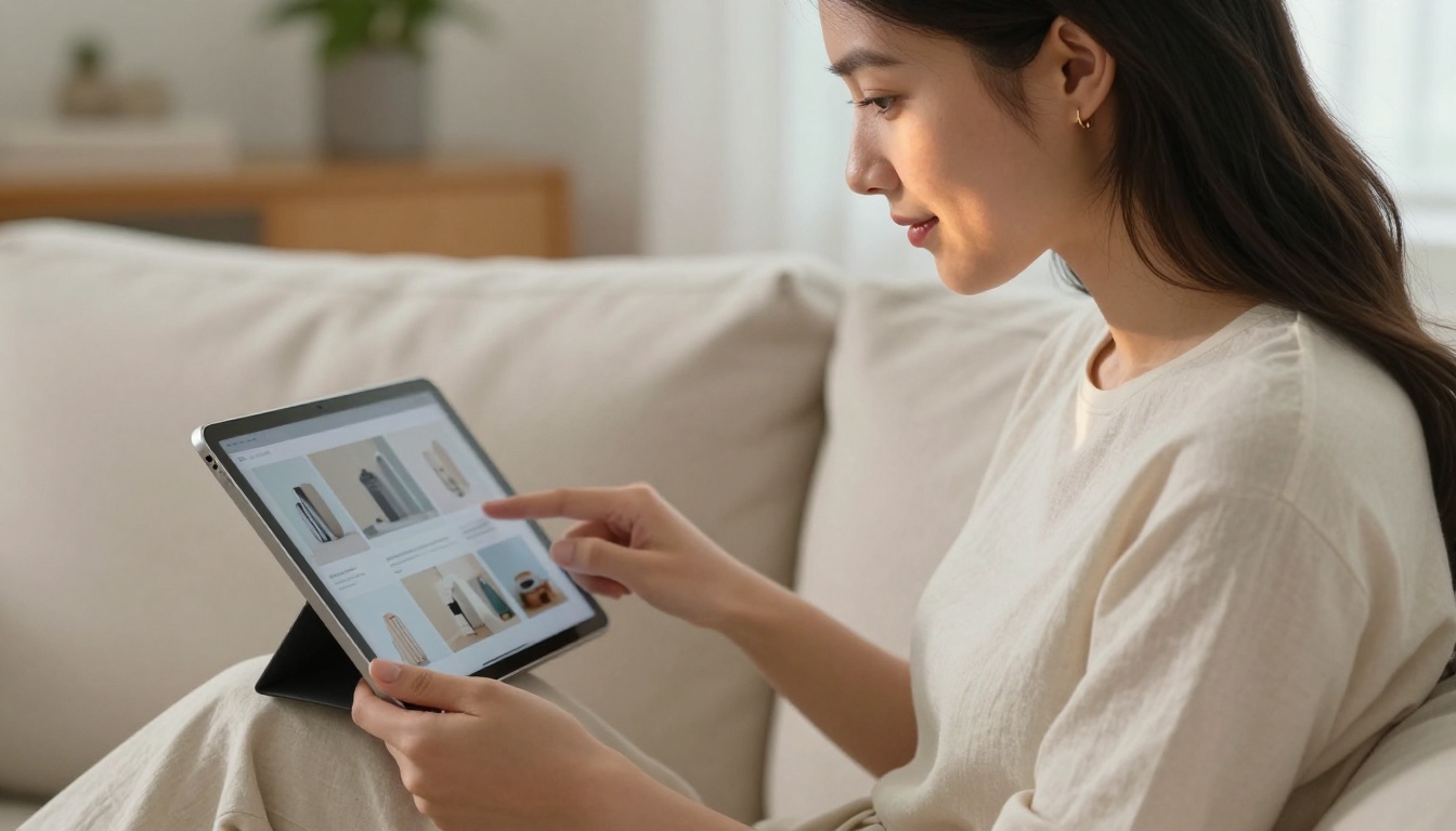 Customer browsing an interactive digital product catalog on a tablet Customer browsing an interactive digital product catalog on a tablet