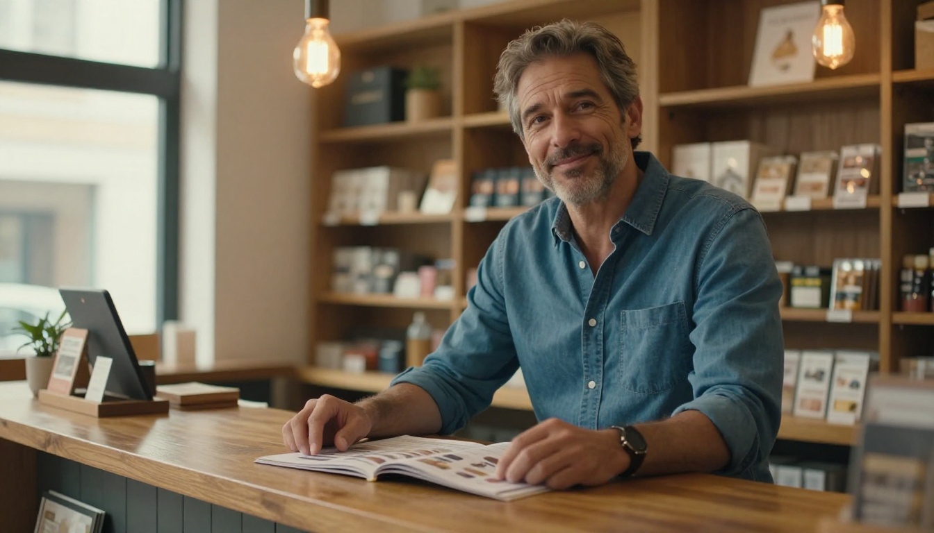 Retail store owner reviewing a printed product catalog Retail store owner reviewing a printed product catalog