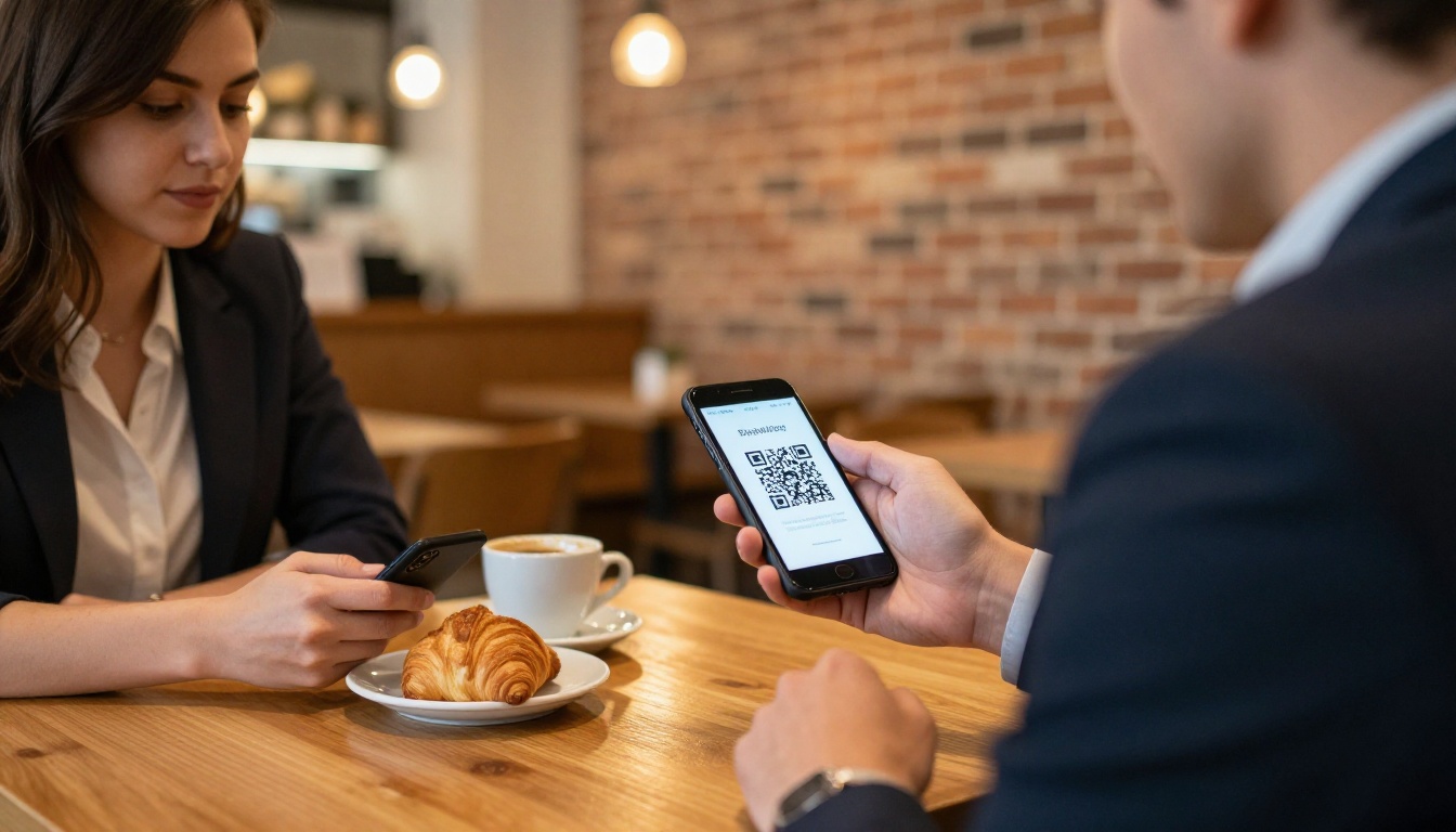Business professional sharing a product catalog link via QR code Business professional sharing a product catalog link via QR code