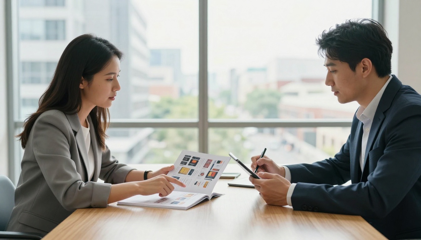 Two colleagues reviewing a product catalog together in a modern conference room Two colleagues reviewing a product catalog together in a modern conference room