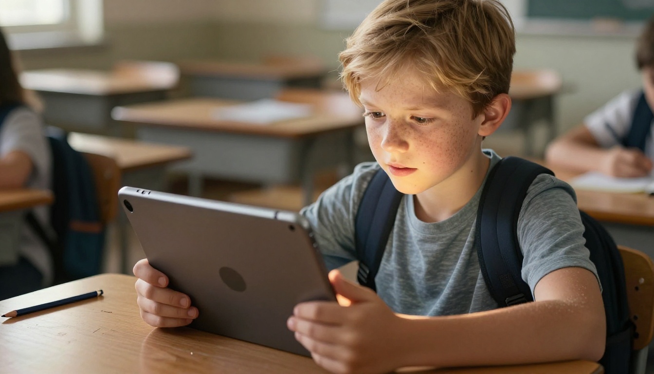 Student with iPad looking at digital flipbook in classroom Student with iPad looking at digital flipbook in classroom