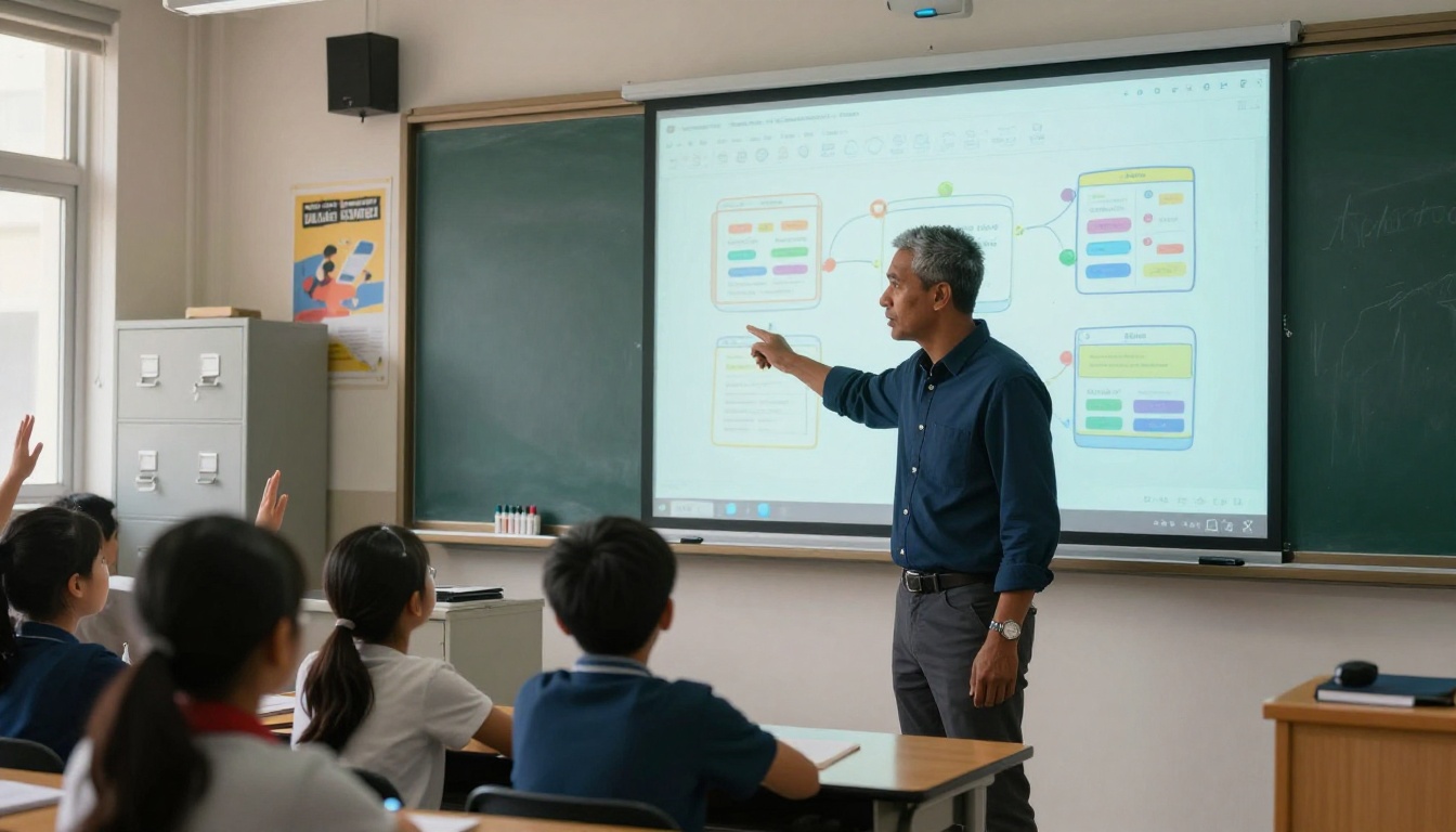 Teacher at interactive whiteboard showing flipbook interface Teacher at interactive whiteboard showing flipbook interface