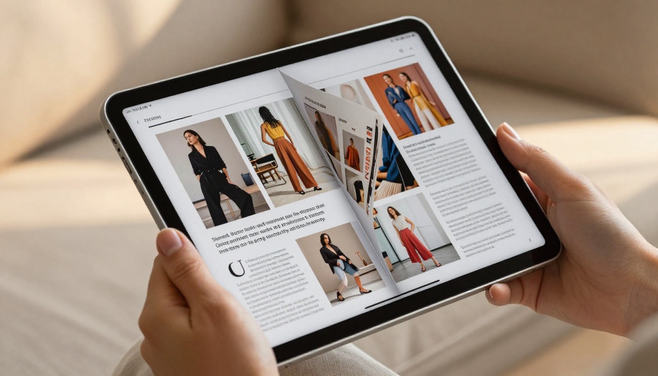 Hands holding a tablet displaying a digital magazine mid-page-flip