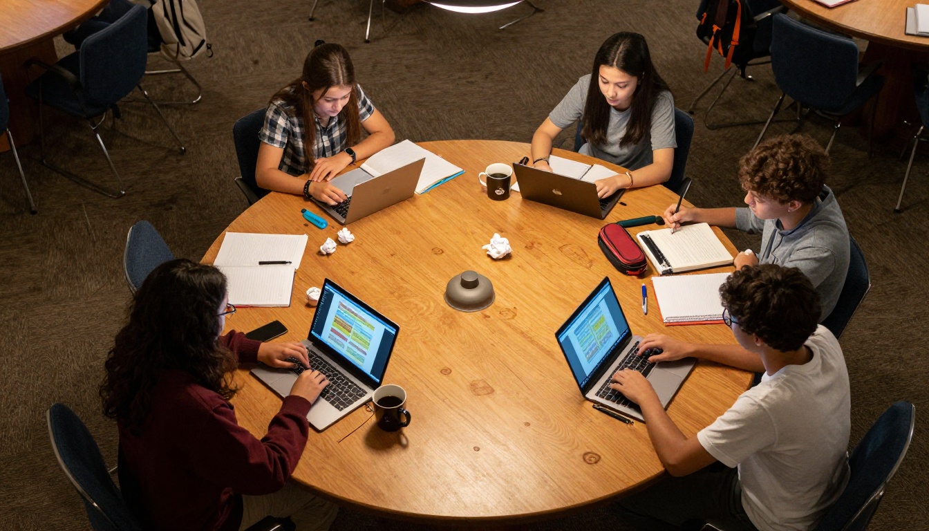 Aerial view of students studying around library table with tablets Aerial view of students studying around library table with tablets