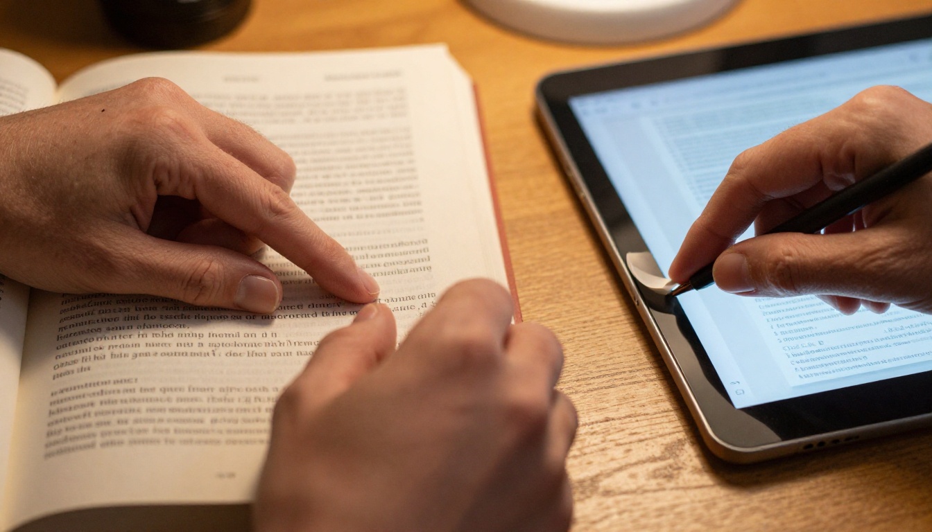 Hands comparing printed textbook and digital flipbook on tablet Hands comparing printed textbook and digital flipbook on tablet