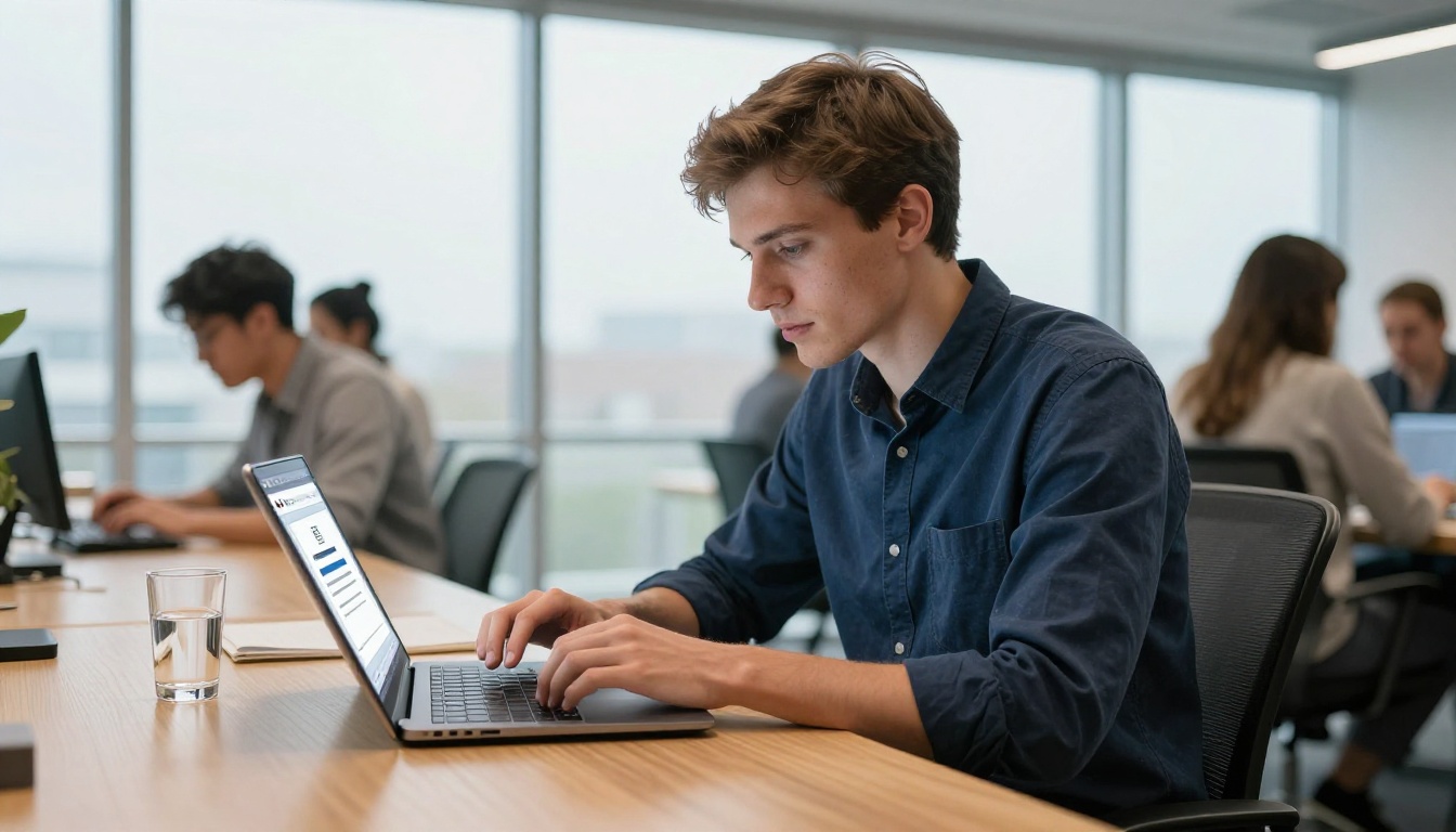 Professional man uploading a PDF file in a modern coworking space