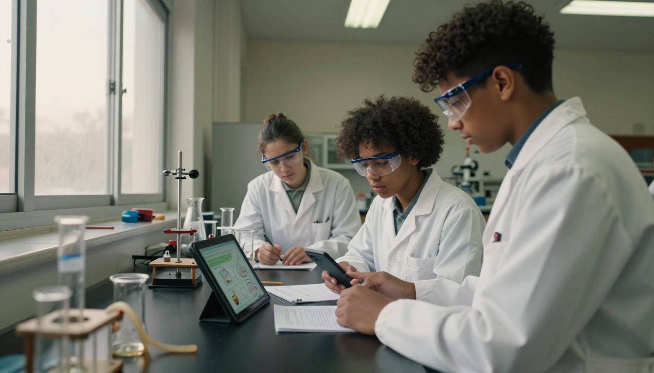 Science lab students using digital flipbook for experiment Science lab students using digital flipbook for experiment