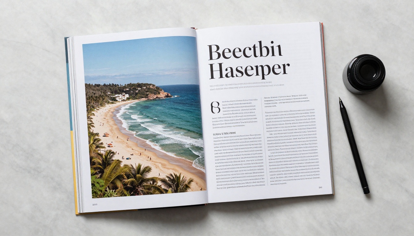 Aerial flat lay of an open editorial magazine spread on marble surface