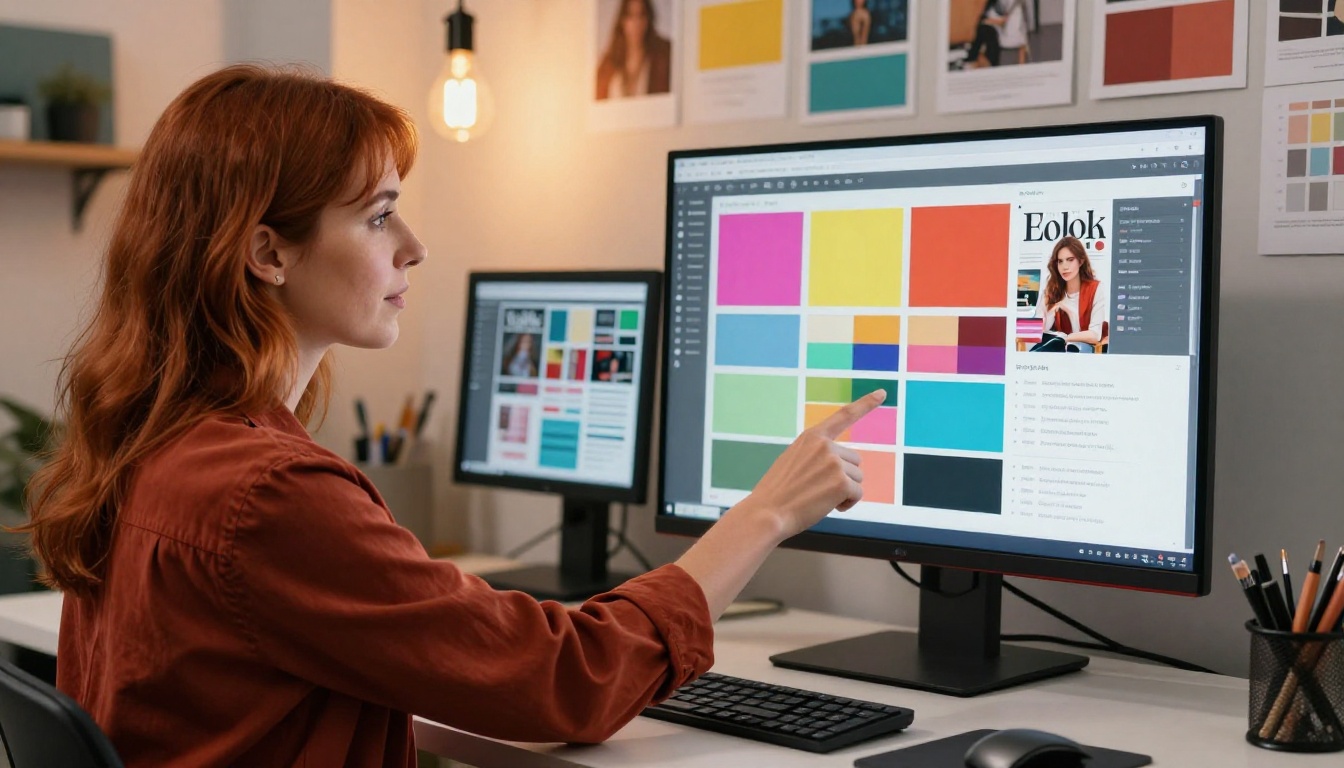 Creative woman customizing a magazine layout on dual monitors in a design studio