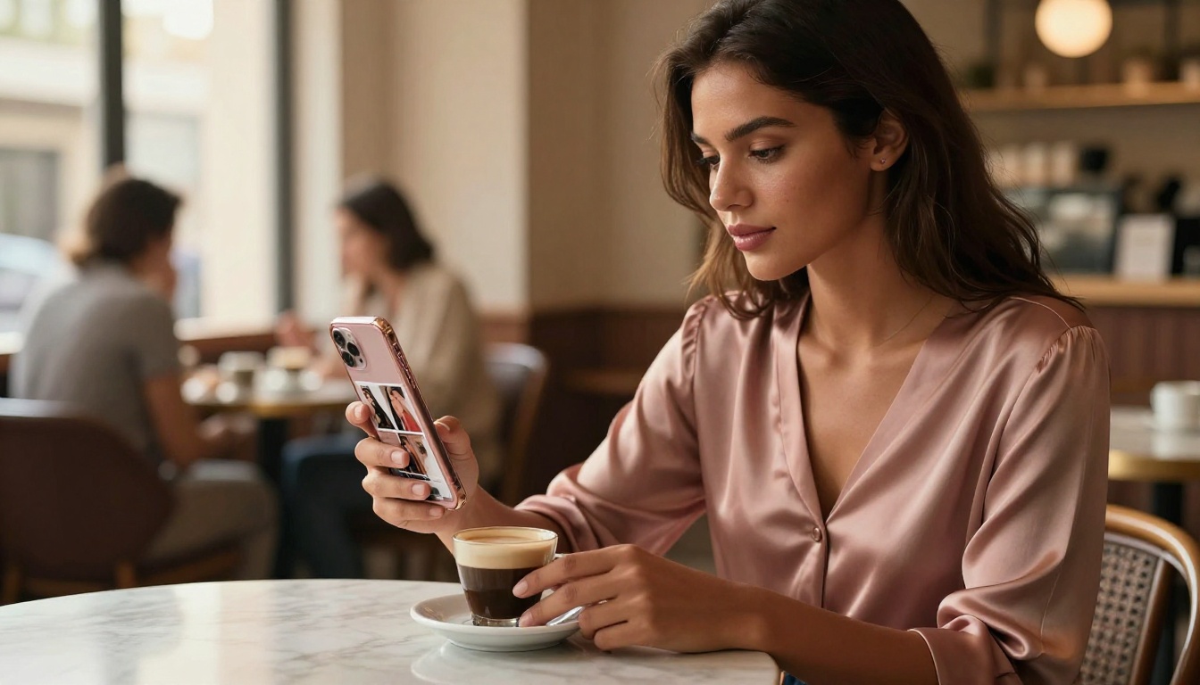 Stylish woman reading a digital magazine on her phone at a sunny cafe