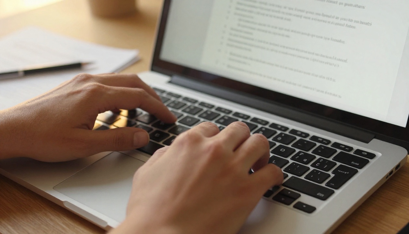 Hands typing on a laptop with a PDF document open on screen and warm afternoon sunlight
