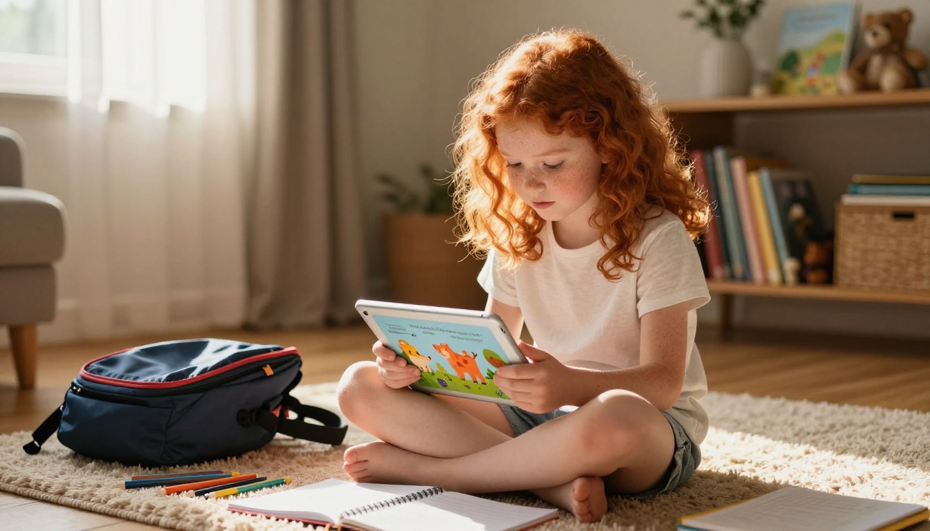 Child at home doing homework with educational flipbook on tablet Child at home doing homework with educational flipbook on tablet