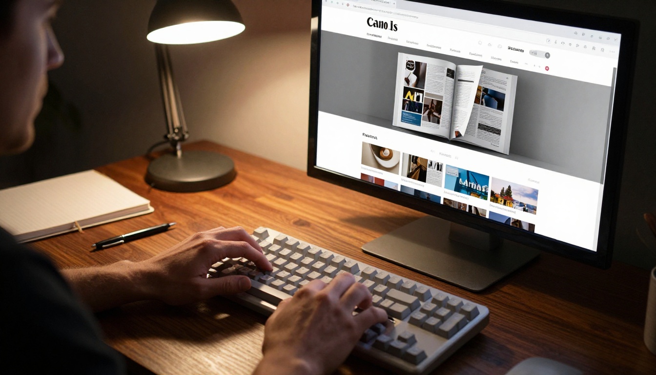 Hands embedding a flipbook into a website on a walnut desk setup