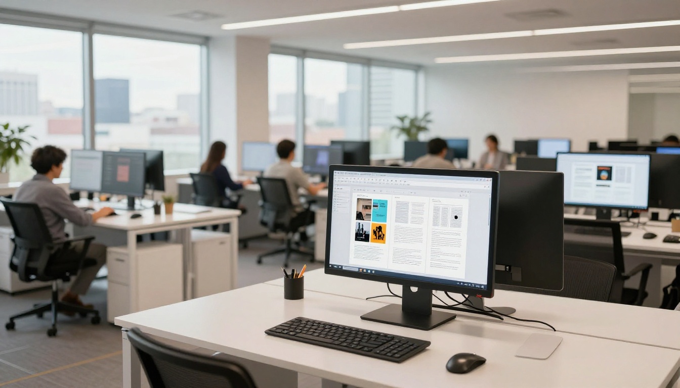 Open-plan office with professionals viewing digital flipbooks on monitors