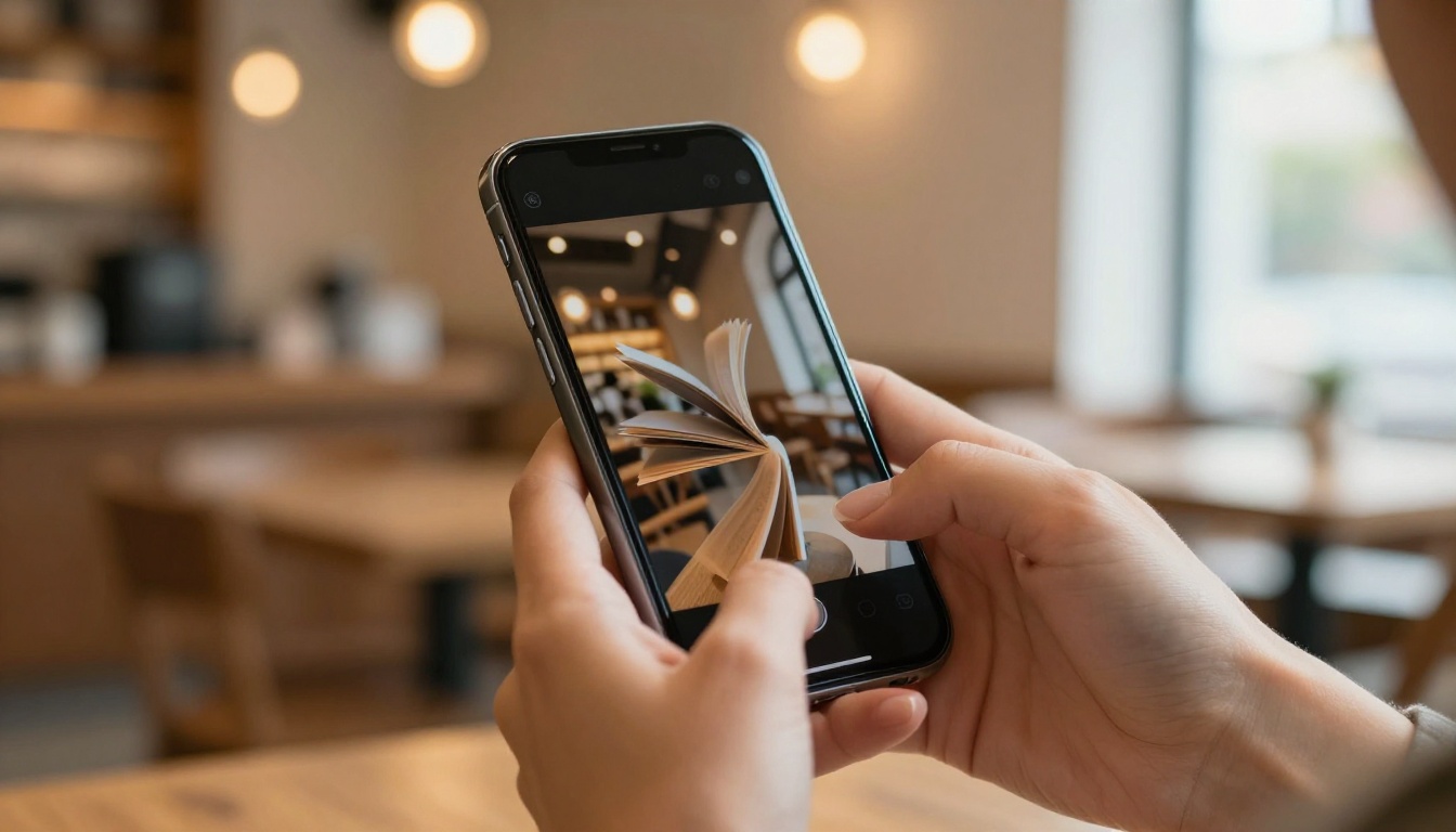 Woman's hand holding a smartphone with a digital flipbook mid-page-turn against a blurred warm cafe background