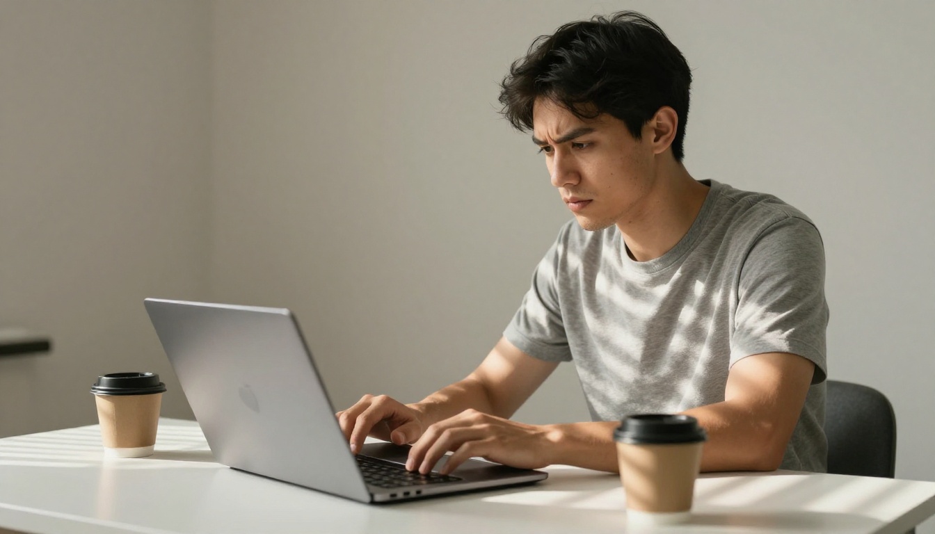 A young professional man uploading a file on a laptop with venetian blind stripe shadows across his workspace