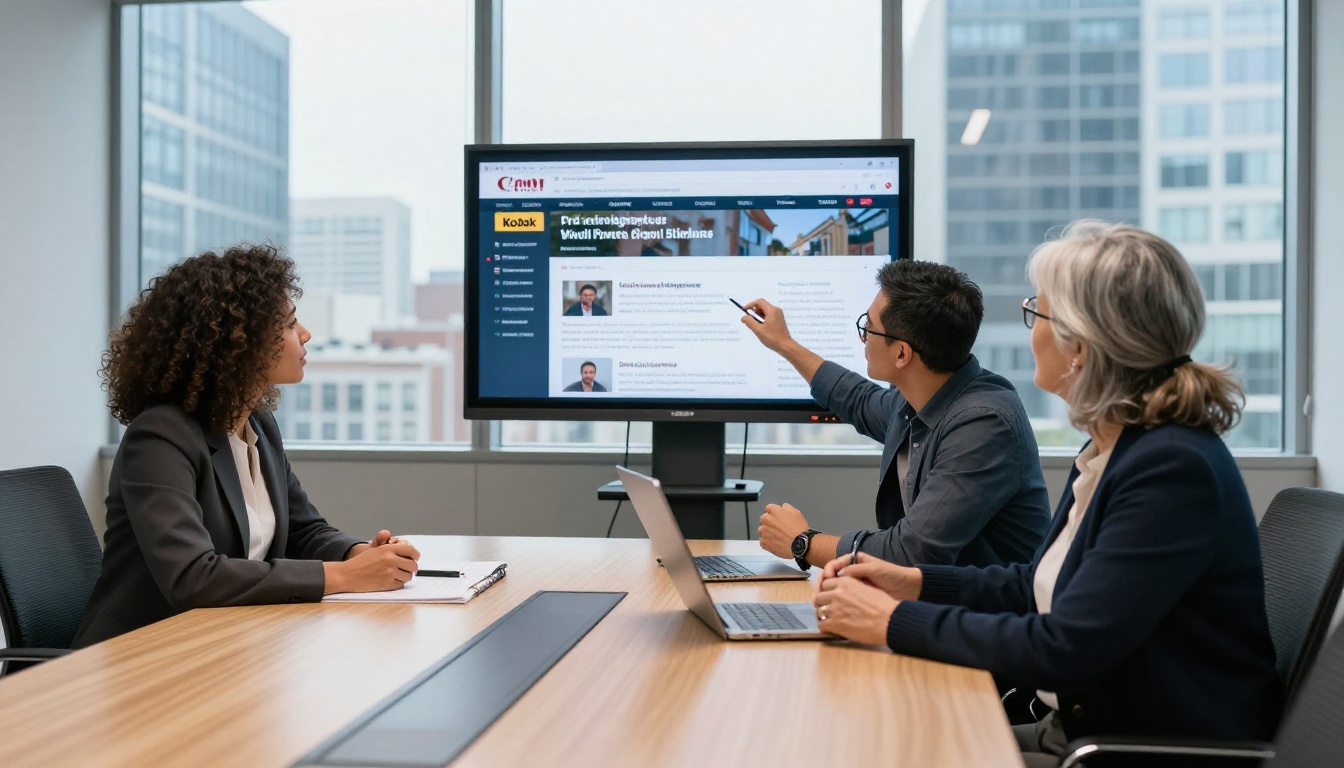 Diverse team gathered around a conference room display showing a company newsletter flipbook