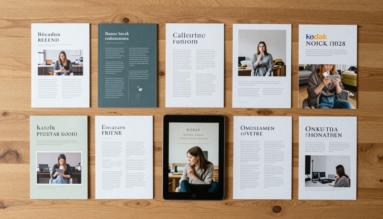 Flat lay of printed brochures alongside a tablet showing a digital flipbook version on a warm oak wood surface