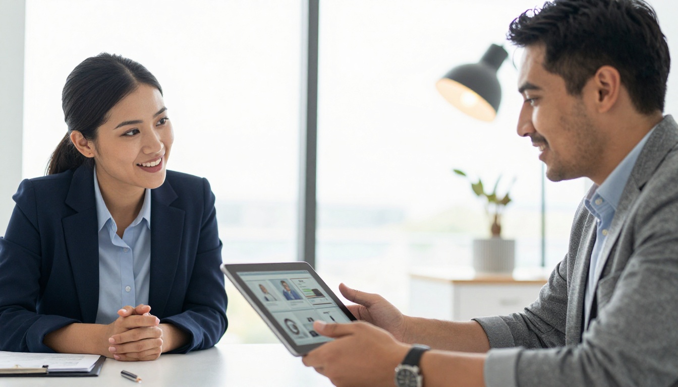 Two professionals sharing a tablet showing a digital catalog in a bright modern meeting room