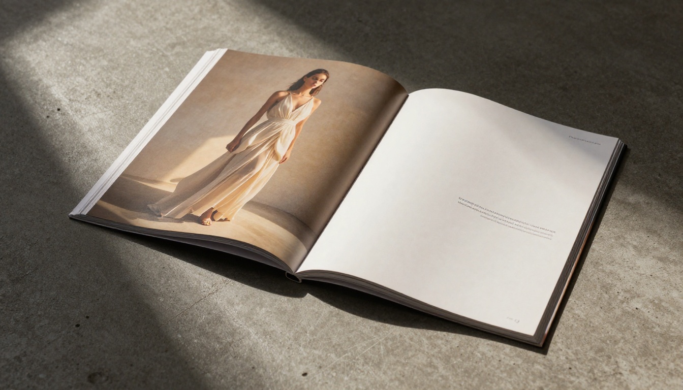 Dramatic low-angle shot of an open fashion editorial magazine on a polished concrete studio floor