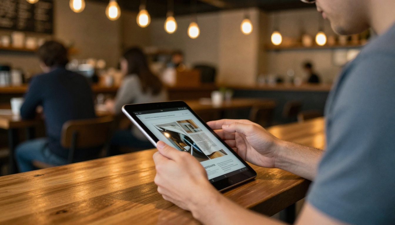 Man relaxing in a coffee shop reading a digital magazine on an iPad under warm Edison bulb lighting