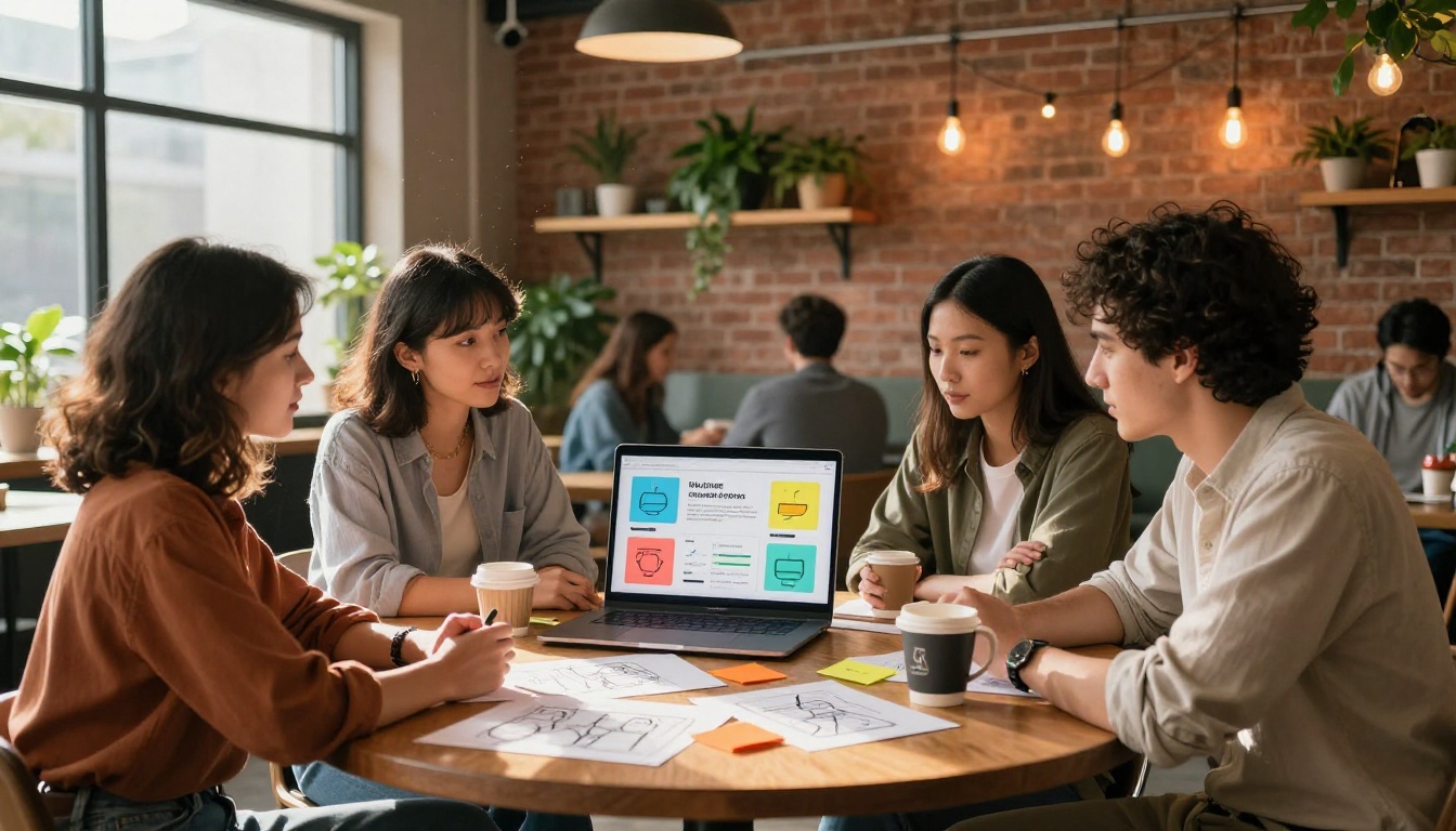 Startup founders reviewing pitch deck on laptop in co-working space