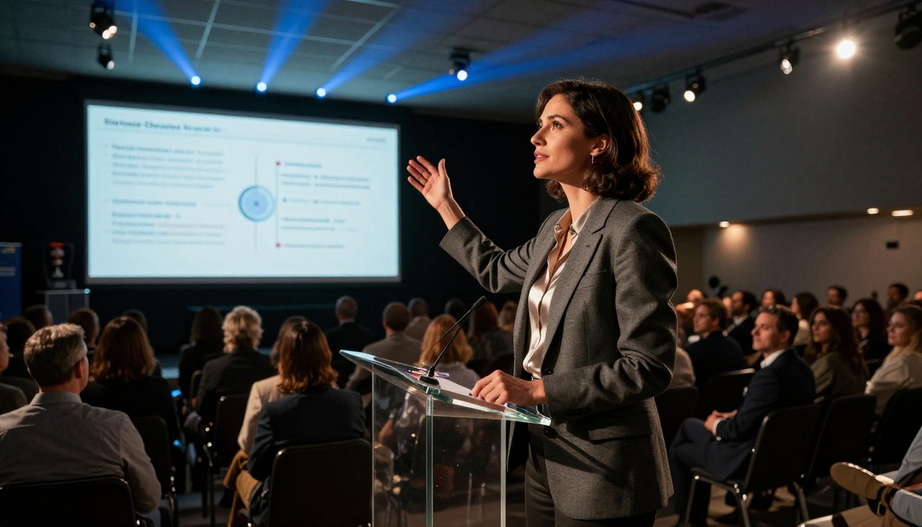Low-angle shot of founder presenting at startup demo day auditorium