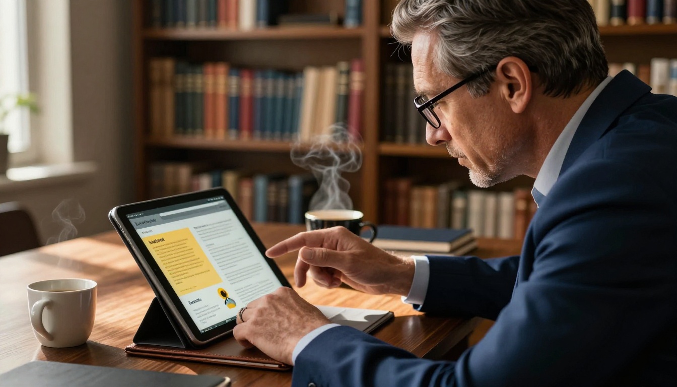 VC investor studying digital flipbook pitch on tablet at walnut desk