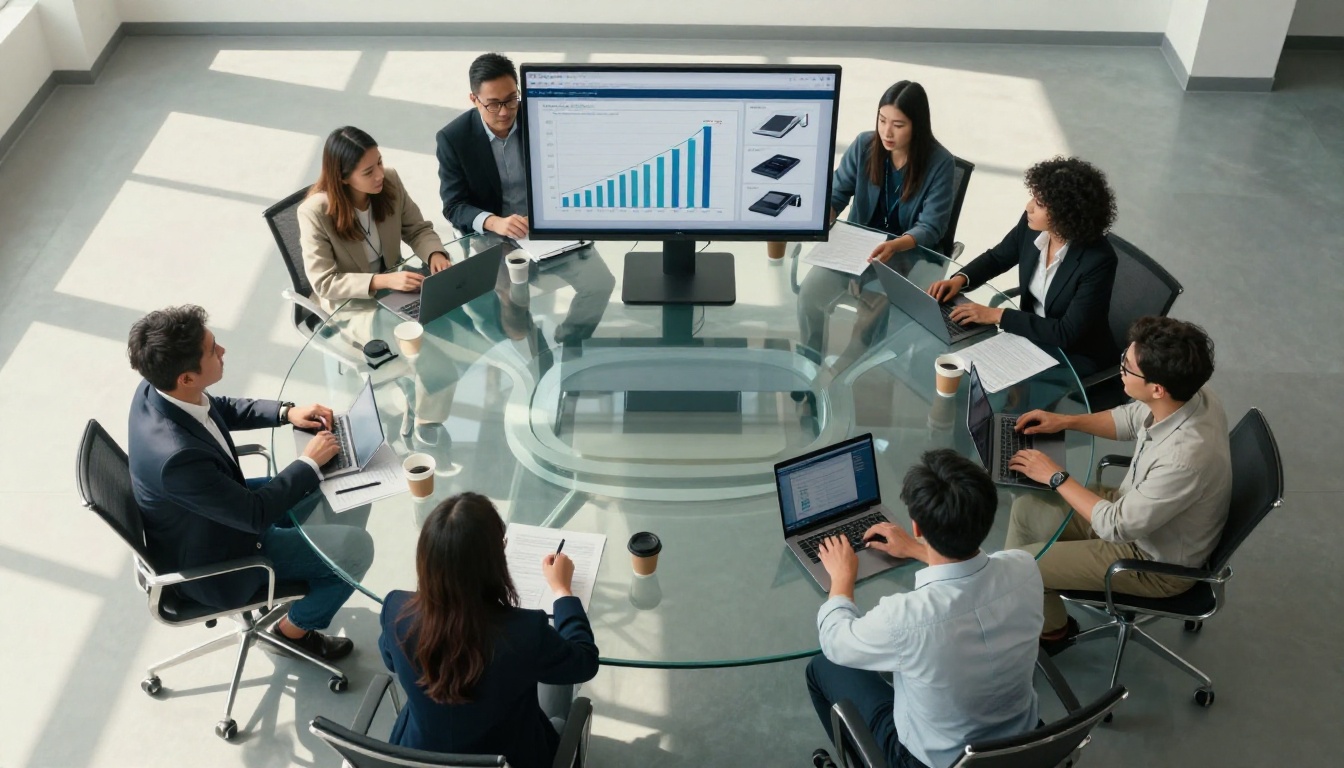 Aerial view of startup team reviewing pitch deck around conference table