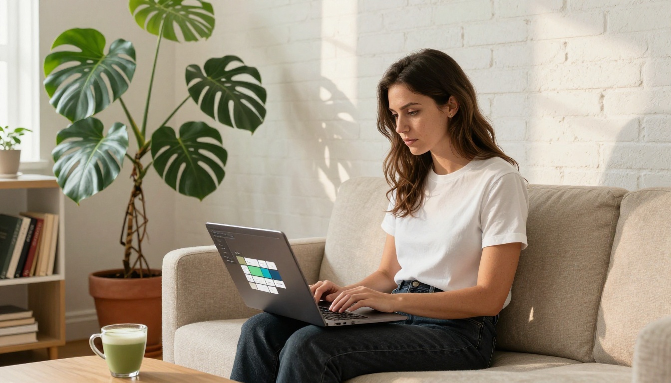Startup founder customizing investor pitch flipbook on laptop at home office