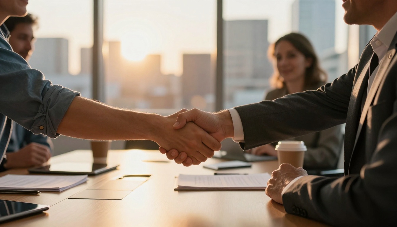 Handshake between startup founder and investor after successful meeting