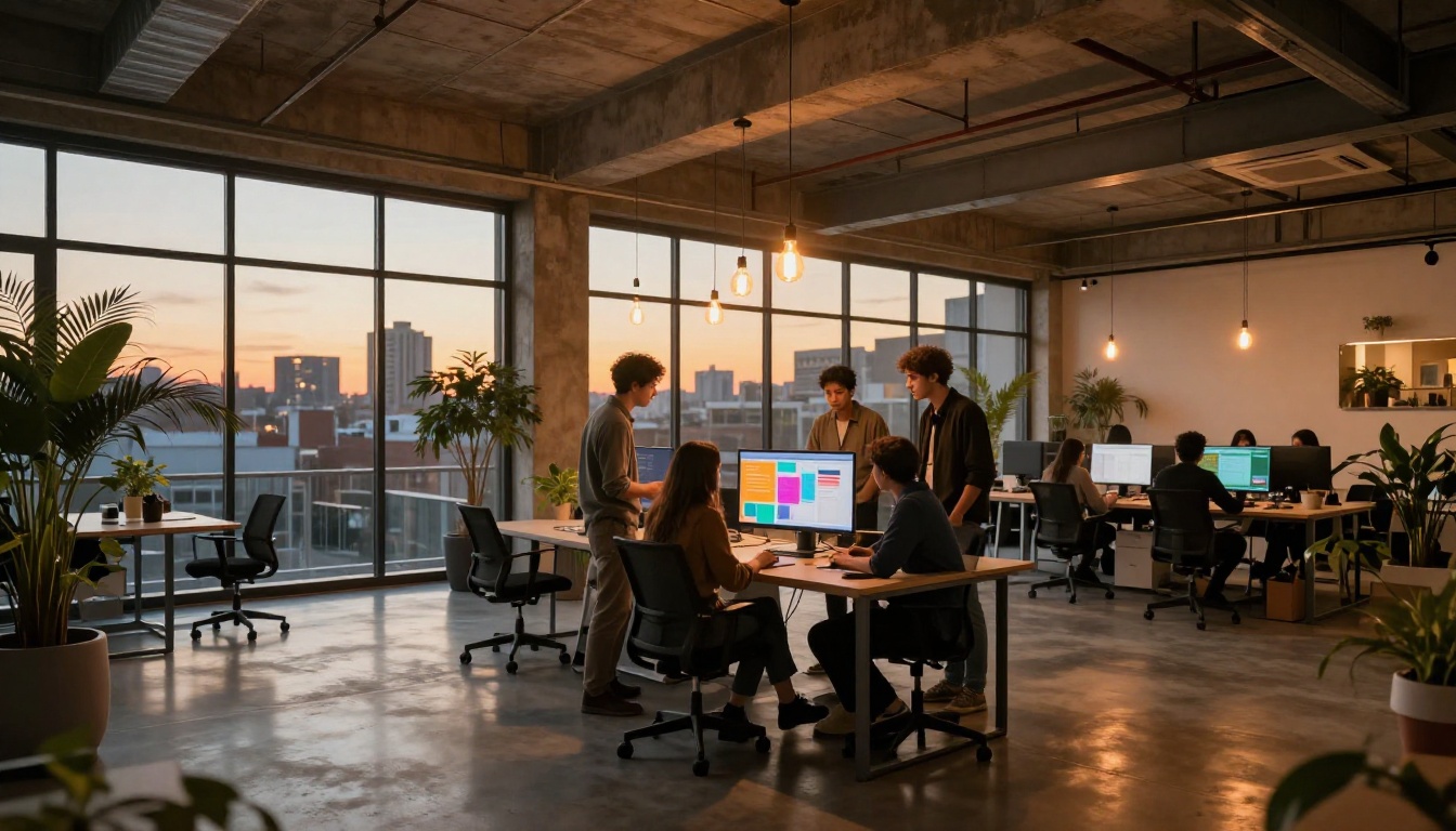 Startup team standing around monitor reviewing pitch deck in modern office at dusk