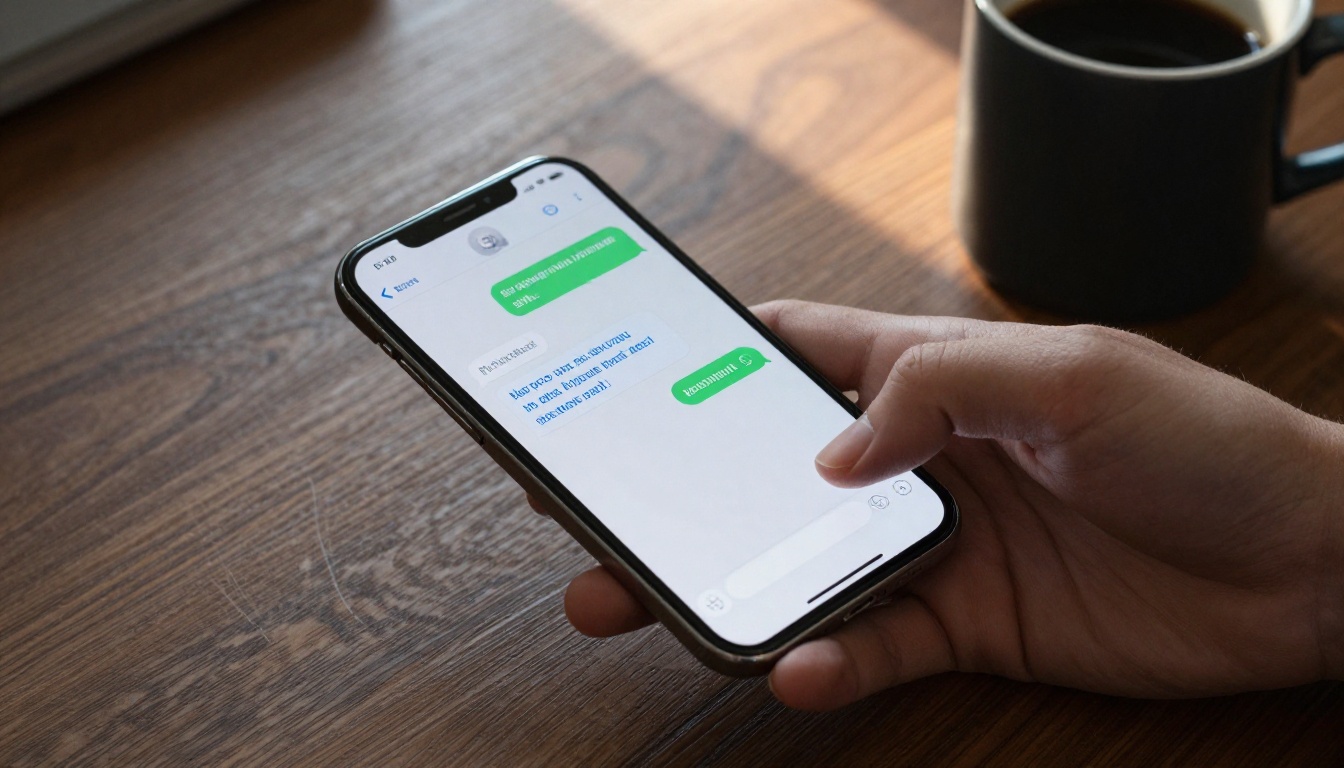 Hands holding a smartphone with a WhatsApp conversation showing a shared flipbook link on a wooden desk
