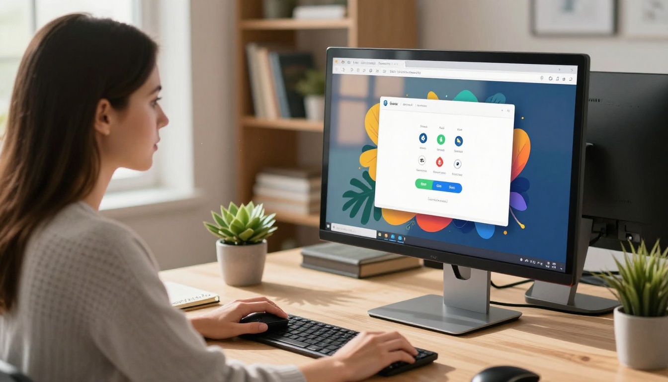 Woman at a home office desk with a share dialog box open on her monitor showing social media icons
