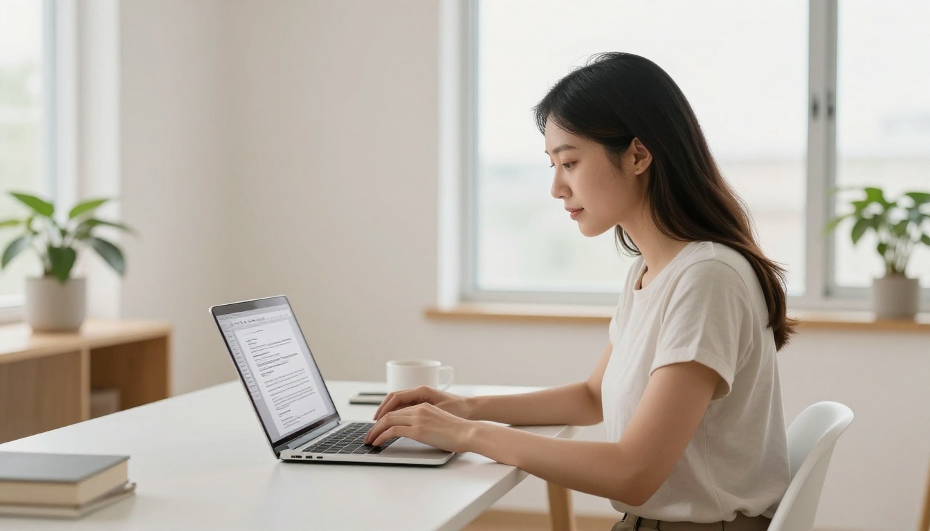 Woman working at a laptop viewing a digital document with smooth page transitions on screen Woman working at a laptop viewing a digital document with smooth page transitions on screen