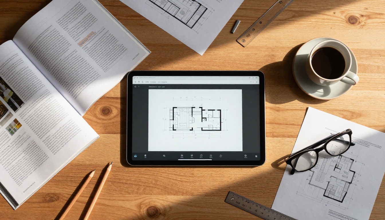 Aerial flat lay of creative workspace with printed documents and tablet showing PDF conversion interface Aerial flat lay of creative workspace with printed documents and tablet showing PDF conversion interface