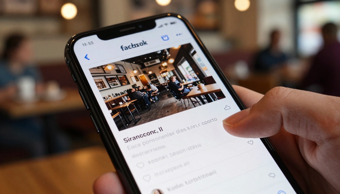 iPhone held in one hand showing a Facebook mobile feed with a shared flipbook post and link preview against warm café bokeh