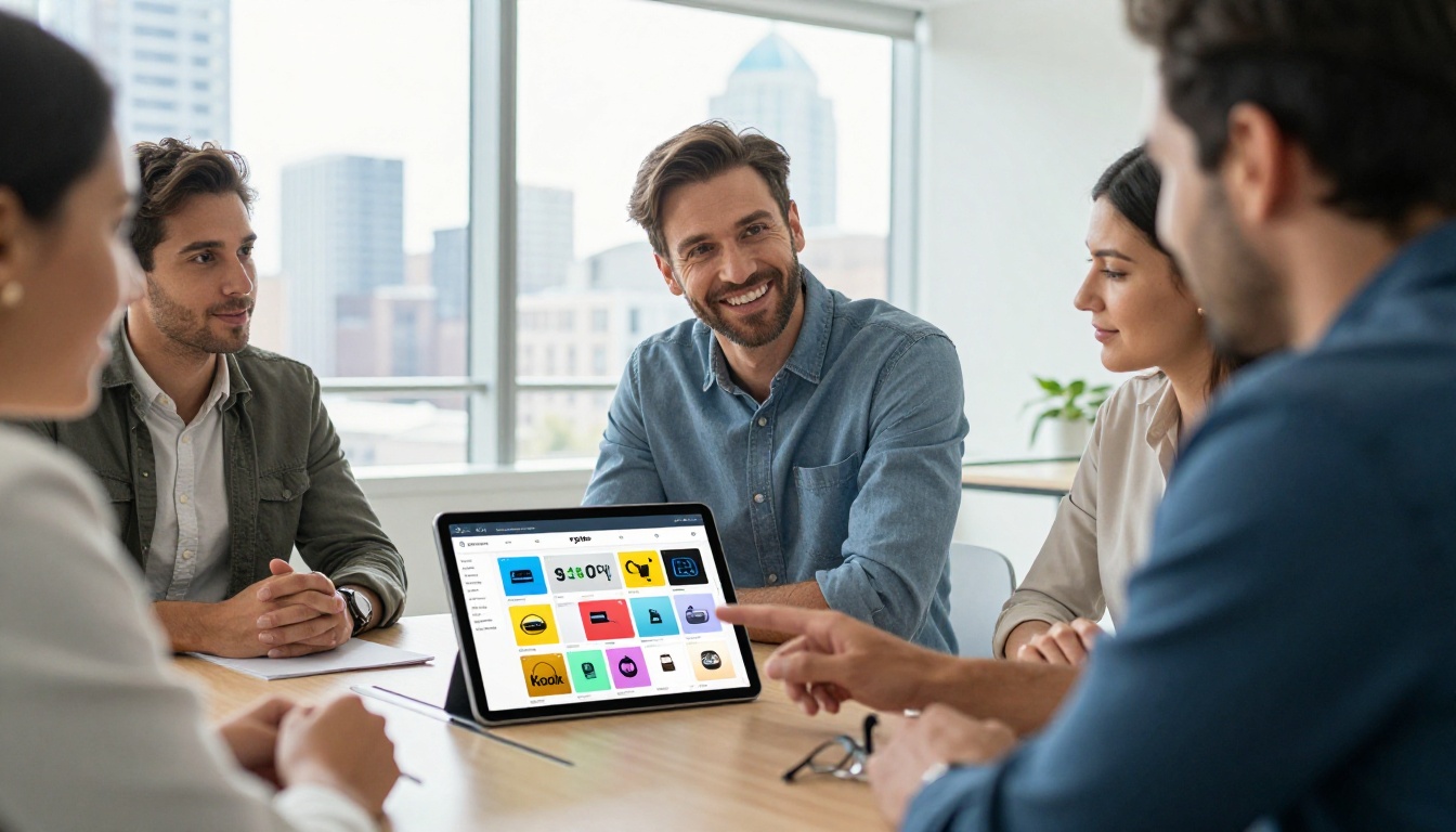 Confident businessman presenting a digital catalog on tablet to colleagues in a modern boardroom Confident businessman presenting a digital catalog on tablet to colleagues in a modern boardroom