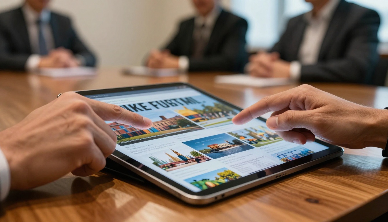 Hands flipping through a digital proposal on a tablet at a conference table