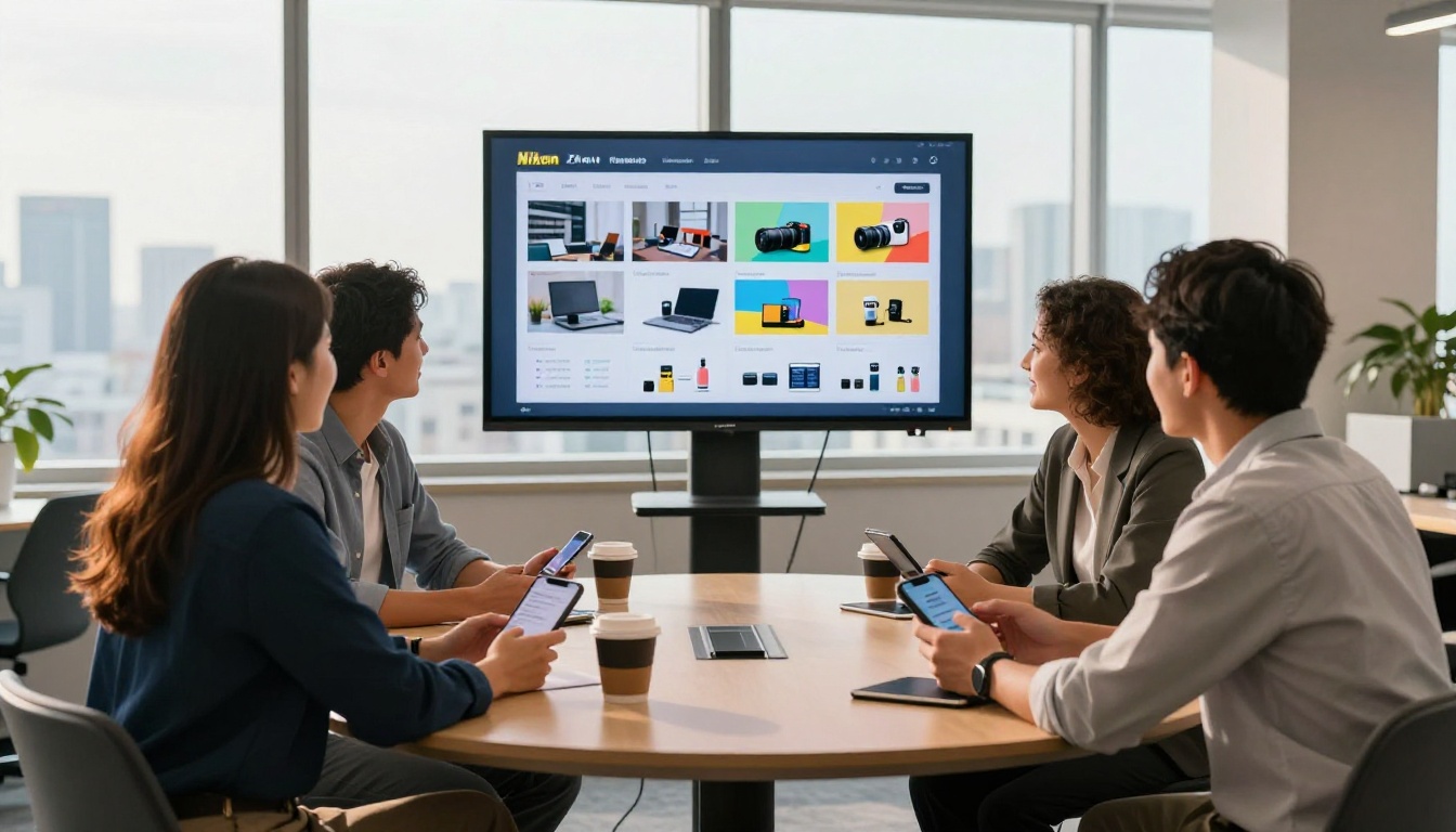 Small business team of three people around a conference table sharing a digital flipbook on a large TV screen in a bright office