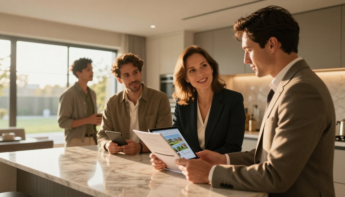 Real estate agent showing a property brochure flipbook on iPad to a couple in a staged home kitchen Real estate agent showing a property brochure flipbook on iPad to a couple in a staged home kitchen