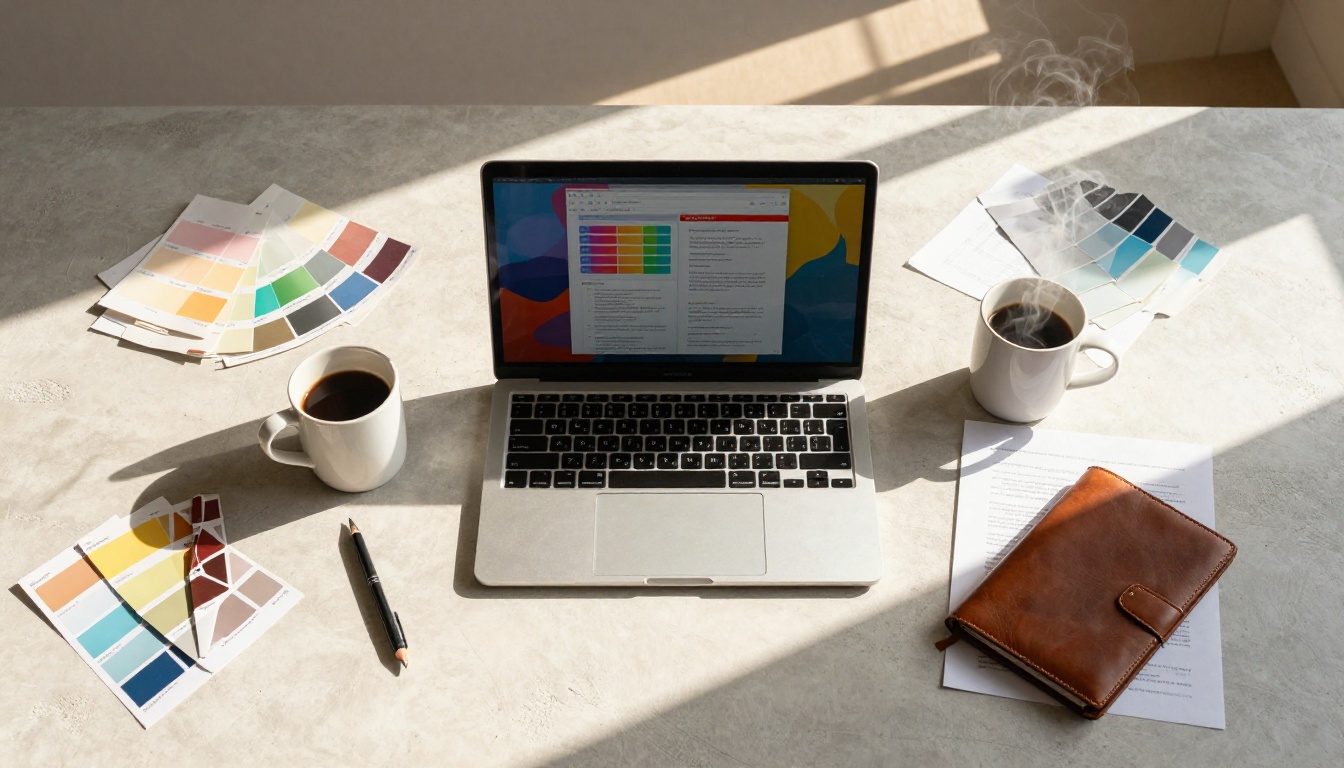 Aerial flat-lay workspace with laptop showing a proposal document surrounded by color swatches and coffee