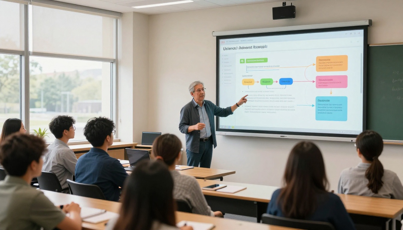 University professor presenting digital course material on a screen to attentive students in a bright modern classroom University professor presenting digital course material on a screen to attentive students in a bright modern classroom