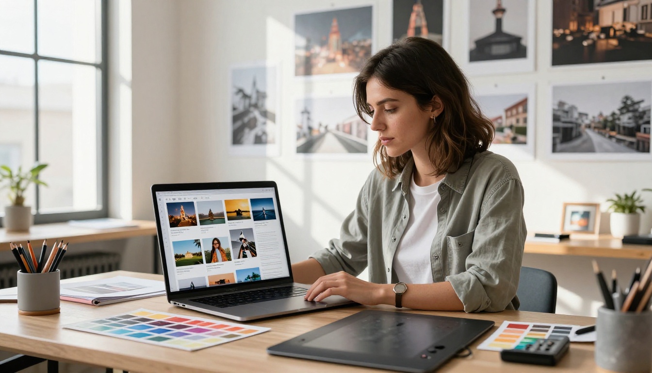 Creative graphic designer reviewing a digital portfolio flipbook on MacBook Pro in a modern design studio Creative graphic designer reviewing a digital portfolio flipbook on MacBook Pro in a modern design studio