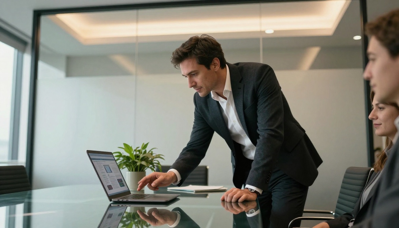 Business executive presenting an interactive proposal to clients across a modern glass conference table
