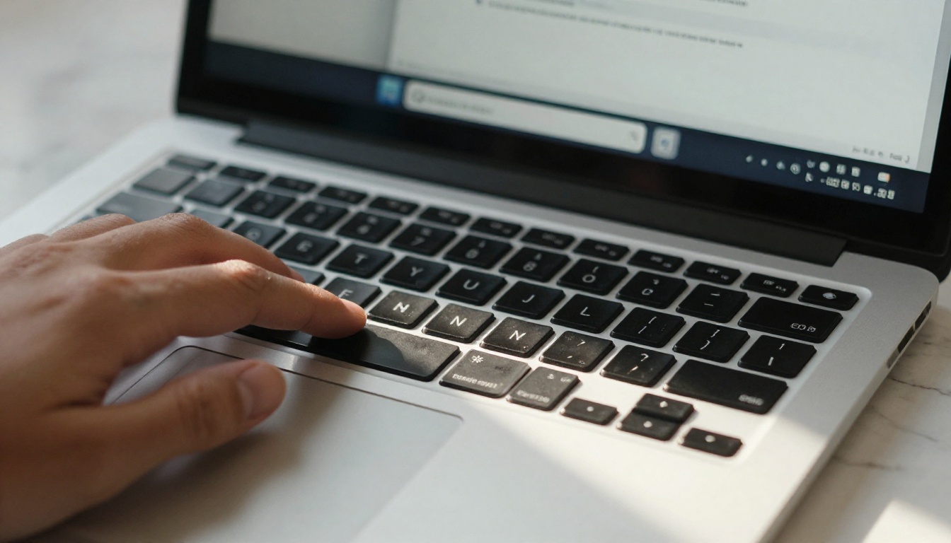 Extreme close-up of a laptop keyboard with a URL being selected and copied in the browser address bar on a marble desk