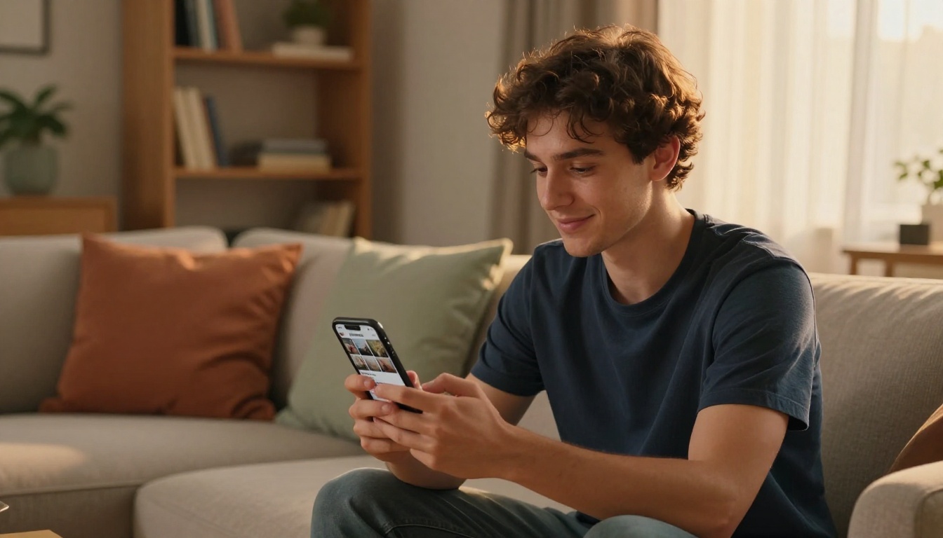 Young man sitting cross-legged on a sofa holding a smartphone displaying an Instagram post of a flipbook spread in warm golden light